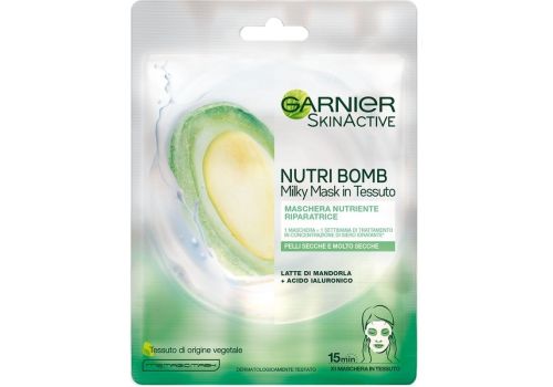 Garnier Skin Active Nutri Bomb Maschera in Tessuto Nutriente Riparatrice al Latte di Mandorla e Acido Ialuronico per Pelli Secche e Molto Secche 1 pezzo