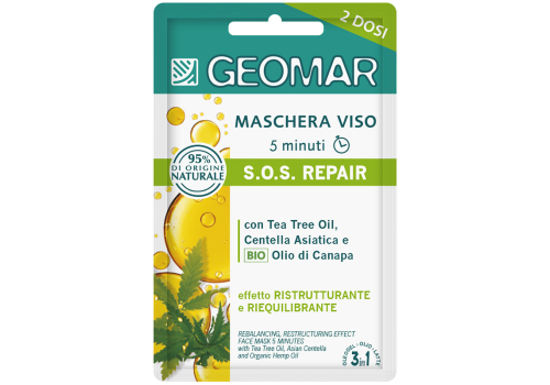 Geomar Maschera Viso 5 Minuti S.O.S. Repair Ristrutturante e Riequilibrante con Tea Tree Oil, Centella Asiatica e Olio di Canapa Bio 2 Dosi