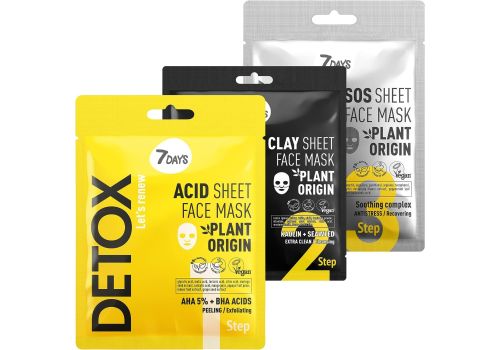 7Days Kit di Maschere Viso in Tessuto in 3 Step Detox Purificante e Anti-Età 