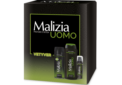 Malizia Uomo Cofanetto Vetyver con EDT Deodorant Spray 175ml + Gel Doccia Shampoo 250ml + Schiuma Da Barba 50ml