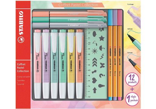 Stabilo pastel collection con 6 evidenziatori swing cool pastel-3 penne point 88-3 penne pointmax-1 righello stencil set 13 pezzi