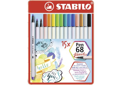 Stabilo pen 68 brush pennarello premium con punta a pennello colori assortiti scatola in metallo 15 pezzi