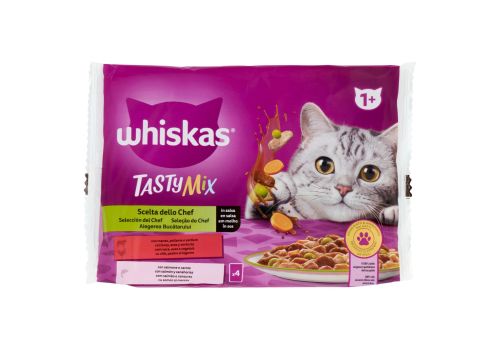 Whiskas Tasty Mix Scelta dello Chef bocconcini con manzo pollame verdure e con salmone e carote in salsa per gatto 4 x 85 grammi