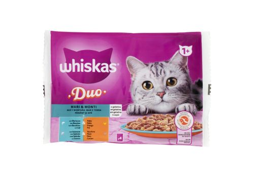 Whiskas Duo mari & monti bocconcini merluzzo & pollo e salmone & tacchino in gelatina per gatto 4 x 85 grammi