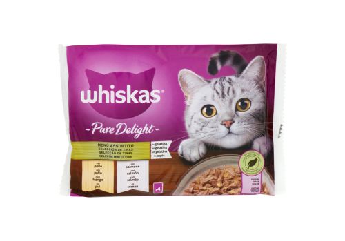 Whiskas pure delight cibo umido in gelatina con pollo e salmone per gatto 4 x 85 grammi