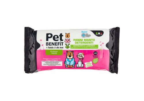 Pet Benefit panni manto detergenti districanti e lucidanti per cani e gatti profumo talco 40 pezzi
