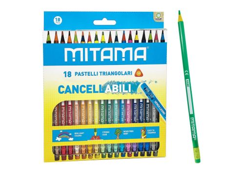 Mitama pastelli triangolari cancellabili con gomma colori assortiti 18 pezzi