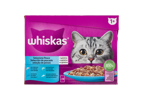 Whiskas Selezione Pesce cibo umido per gatto in gelatina con salmone merluzzo tonno e pesce bianco 12 x 85 grammi