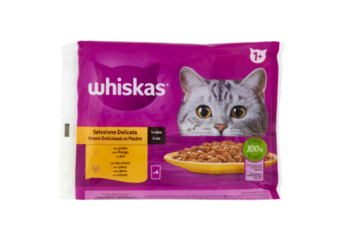 Whiskas Selezione Delicata bocconcini con pollo e con tacchino in salsa per gatto 4 x 85 grammi