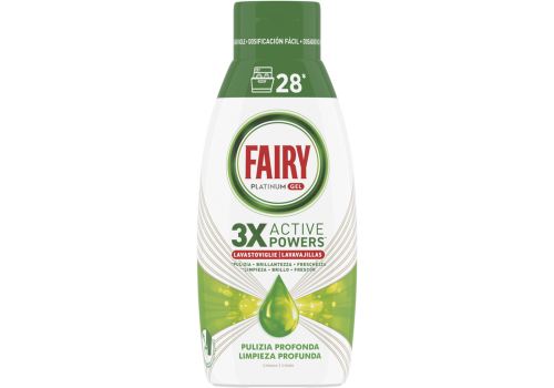 Fairy Platinum Gel 3x Active Powers detersivo lavastoviglie pulizia profonda profumo limone 28 lavaggi 504ml