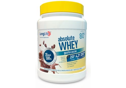 Longlife absolute whey gusto cacao integratore per mantenimento e crescita del tono muscolare e salute delle ossa 20 dosi