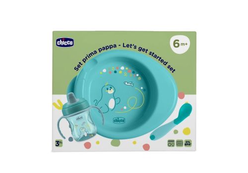 Chicco set prima pappa piatto + tazza + cucchiaio colore azzurro 6m+