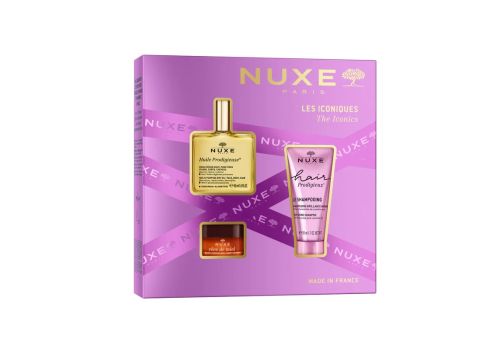 Nuxe Gli Iconici cofanetto con olio secco multi-funzioni 50ml + shampoo effetto lucentezza 50ml 

+ balsamo labbra ultra-nutriente 15 grammi