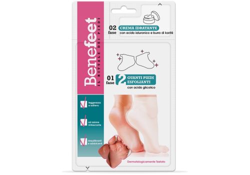 Benefeet kit con 2 guanti piedi esfolianti + crema idratante
