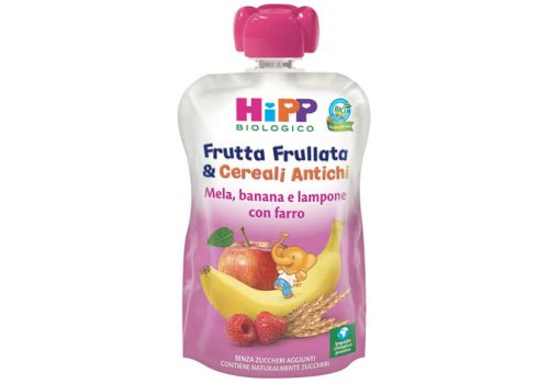 Hipp biologico frutta frullata e cereali antichi mela banana lampone e farro 