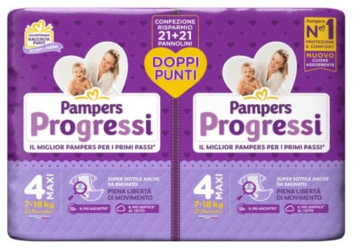Pampers Progressi pannolini 7-18kg taglia 4 maxi pacco doppio 2 x 21 pezzi