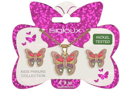 Biojoux pink butterfly parure con collana e orecchini acciaio medicale gold plated